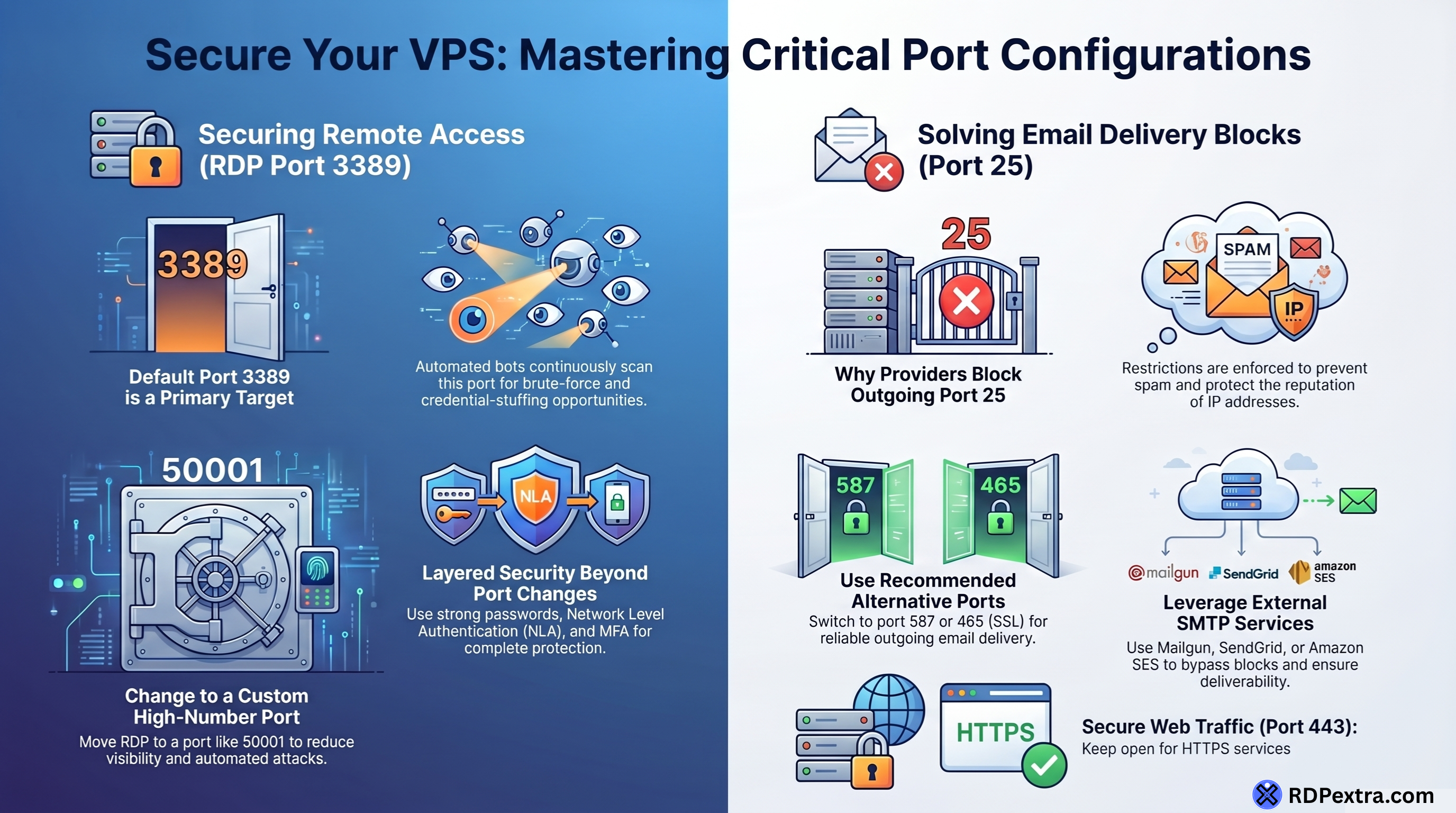 RDP port 3389 security risks and port 25 SMTP blocking explained with VPS security and email delivery solutions
