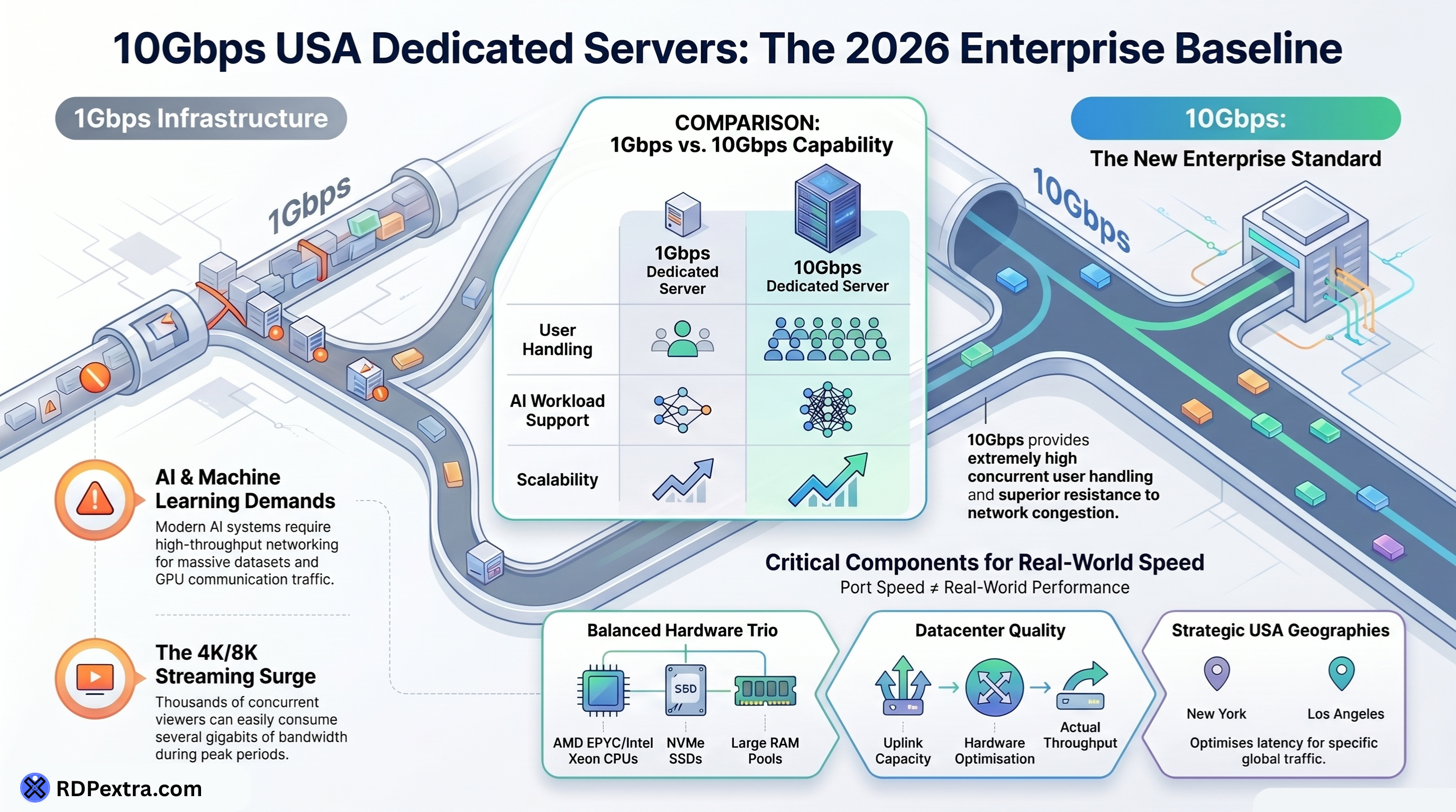 10Gbps USA Dedicated Server comparison infographic showing 1Gbps vs 10Gbps enterprise infrastructure, AI workloads, streaming demand, scalability, and datacenter performance.