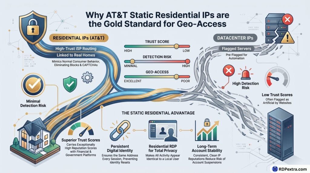 Illustration of technicians working on a server with the title "Secure Geo-Access: The Power of AT&T Static Residential IPs" representing secure remote access and residential IP connectivity.