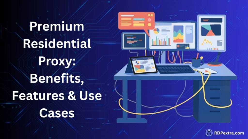 Premium residential proxy illustration showing analytics dashboards, connected devices, and data monitoring tools representing proxy benefits, features, and business use cases.