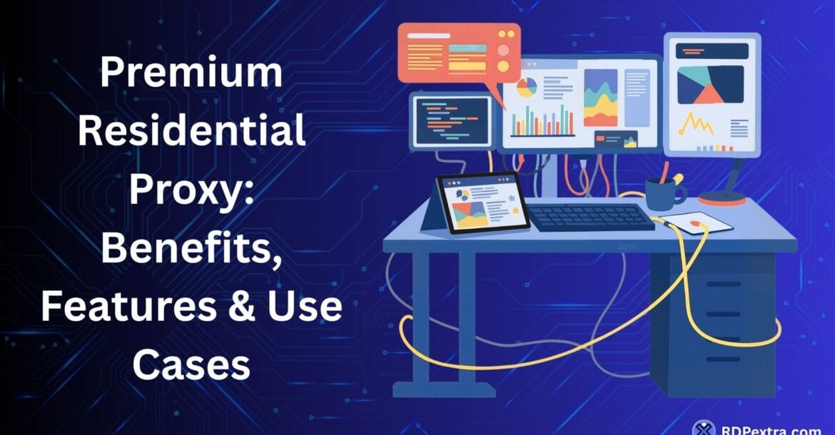 Premium residential proxy illustration showing analytics dashboards, connected devices, and data monitoring tools representing proxy benefits, features, and business use cases.
