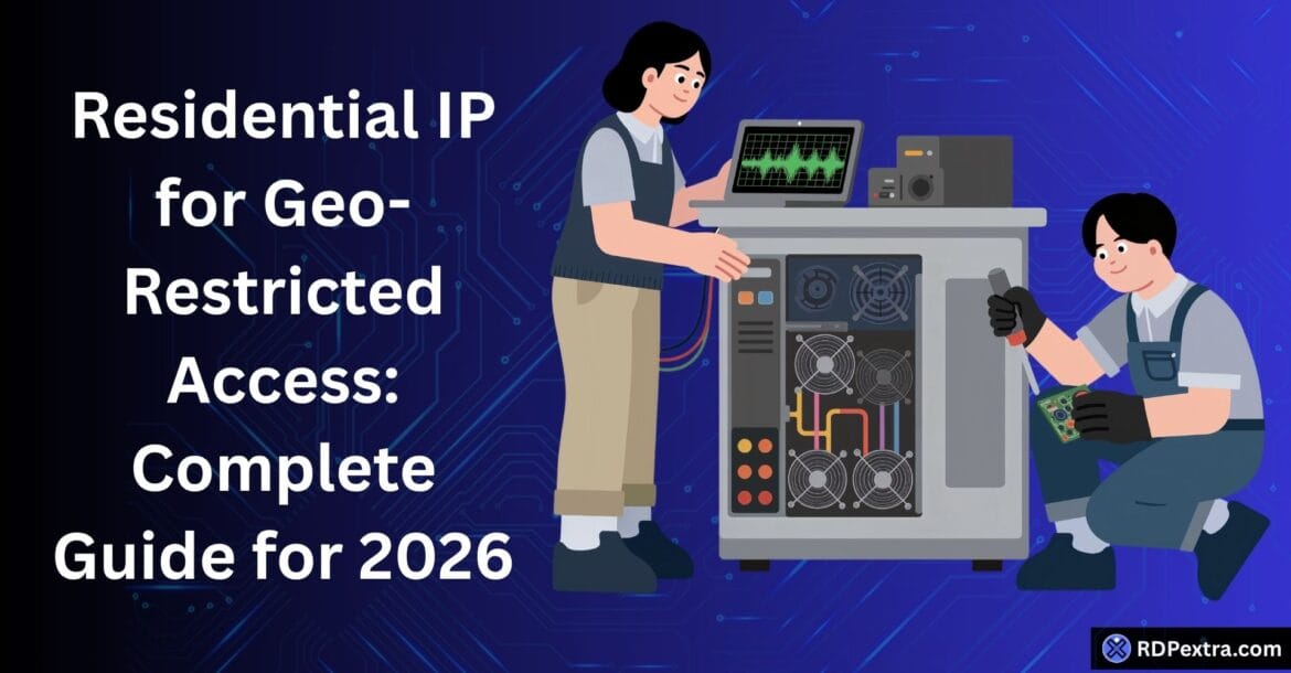 Illustration of a residential IP setup for accessing geo-restricted content, featuring technicians working on a computer server against a digital network background.