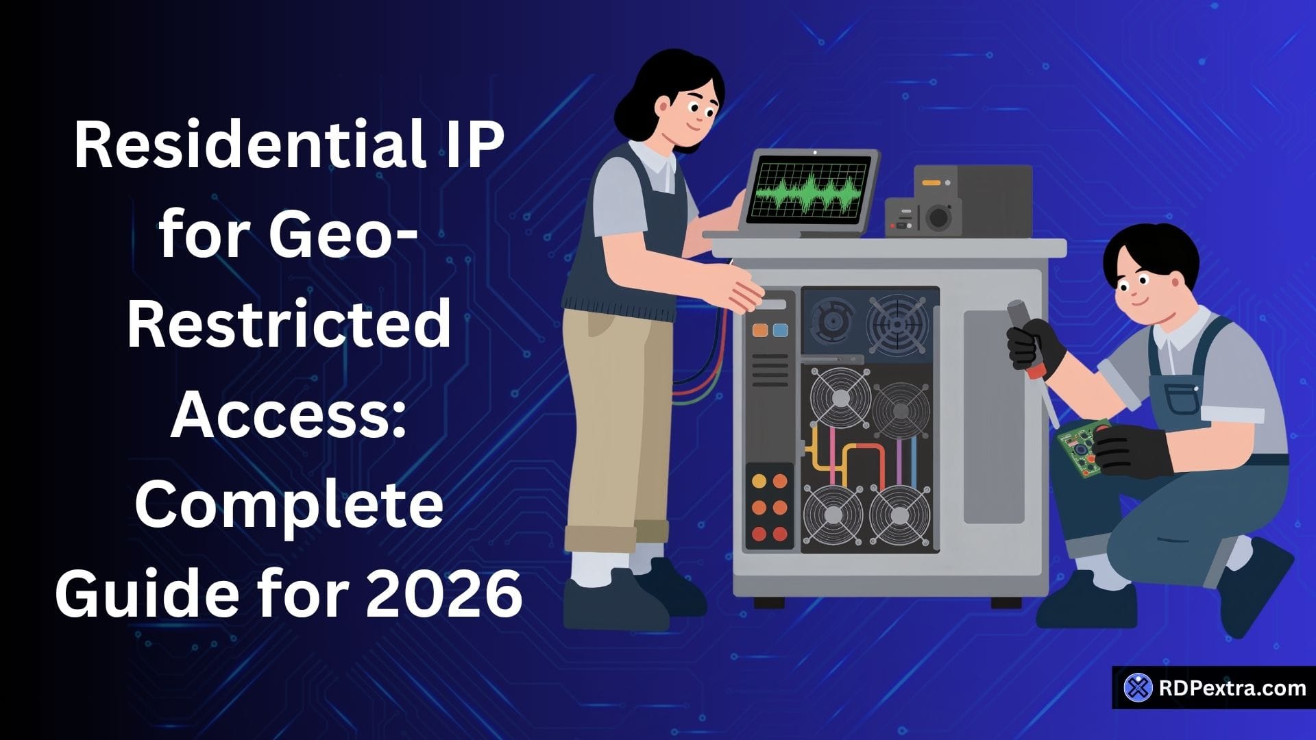 Illustration of a residential IP setup for accessing geo-restricted content, featuring technicians working on a computer server against a digital network background.