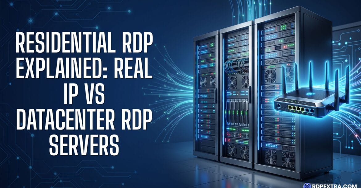 Residential RDP explained infographic comparing real ISP residential IPs with datacenter RDP servers, featuring server racks and a Wi-Fi router to illustrate the differences.