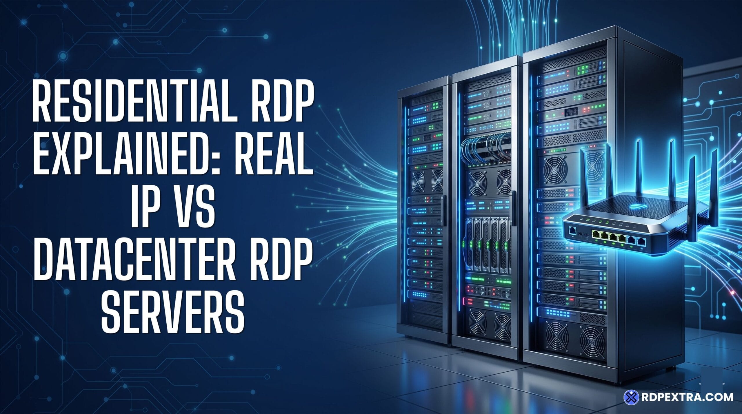Residential RDP explained infographic comparing real ISP residential IPs with datacenter RDP servers, featuring server racks and a Wi-Fi router to illustrate the differences.