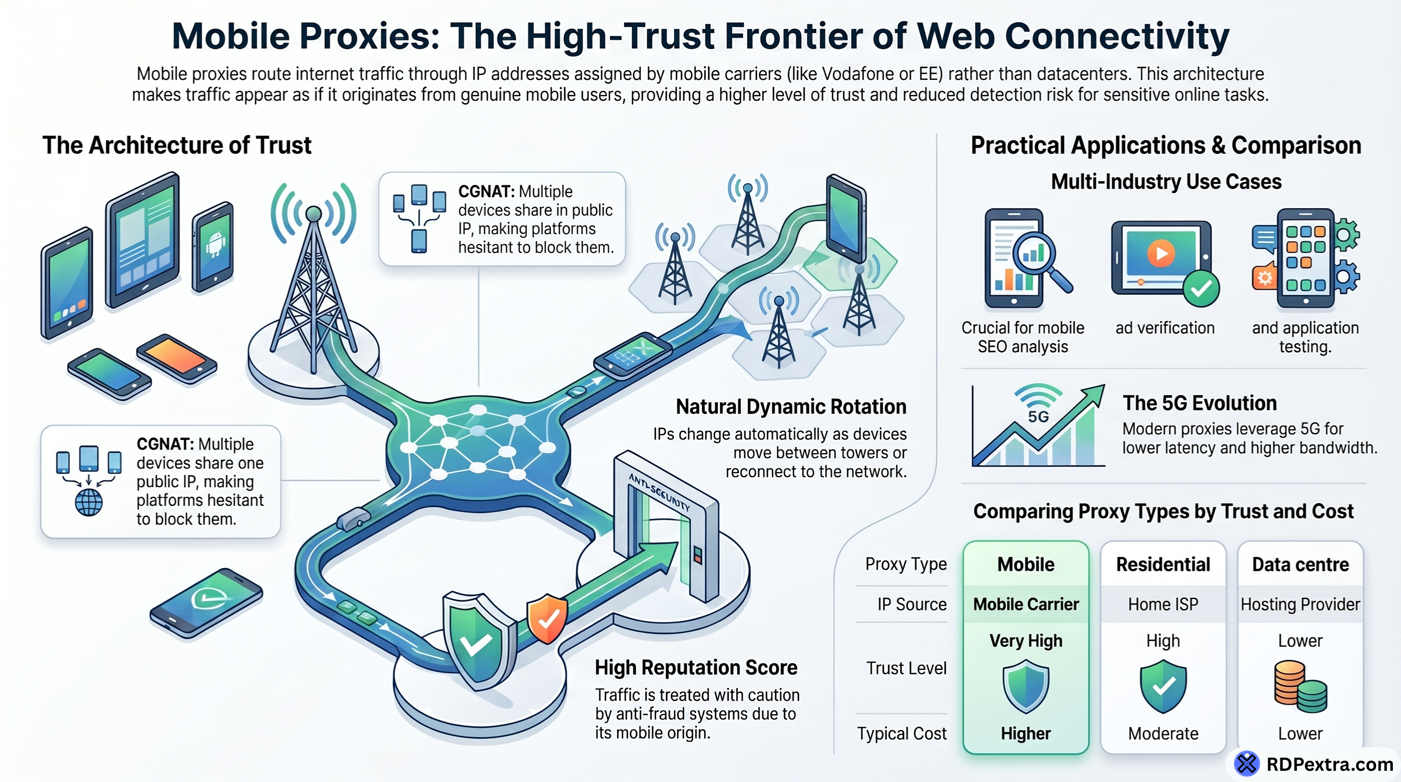 Illustration explaining what a mobile proxy is, featuring a beginner's guide to mobile proxy technology, network routing, and mobile internet connectivity.