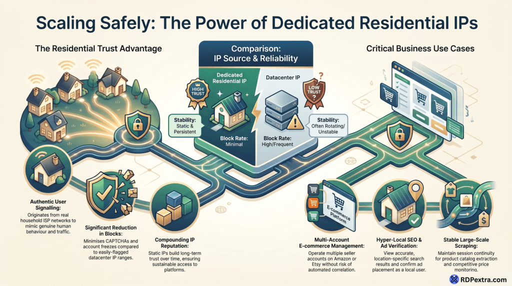 Infographic explaining the benefits of dedicated residential IPs for e-commerce and SEO, including account protection, ad verification, SERP tracking, multi-account management, and large-scale data collection.