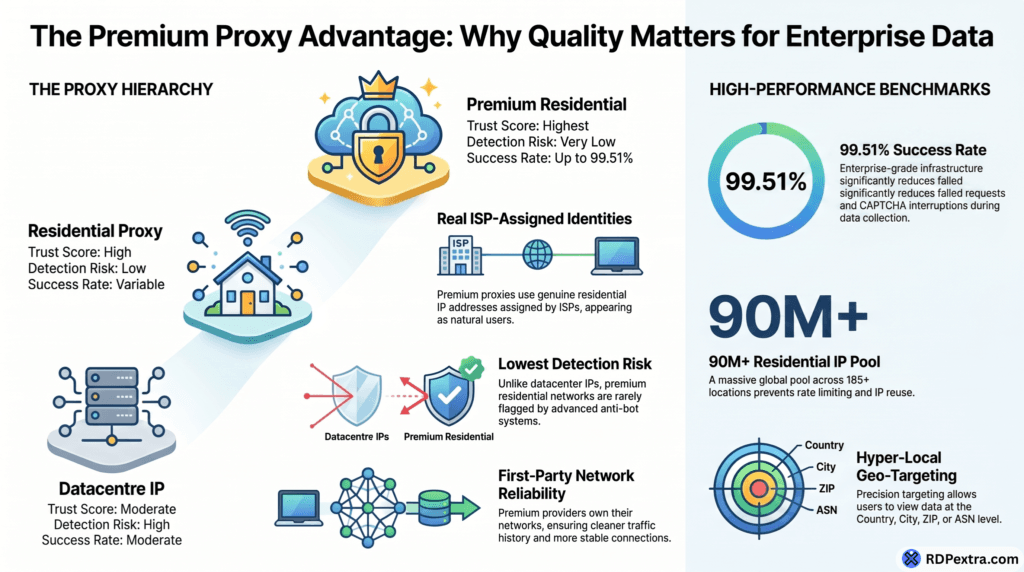 Premium residential proxy comparison infographic showing premium residential proxies, residential proxies, and datacenter IPs with trust scores, detection risk, success rates, 90M+ IP pool, and geo-targeting capabilities.