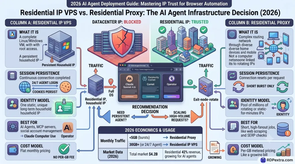 Residential IP VPS vs Residential Proxy comparison infographic showing features, session persistence, identity models, costs, and AI agent use cases in 2026.